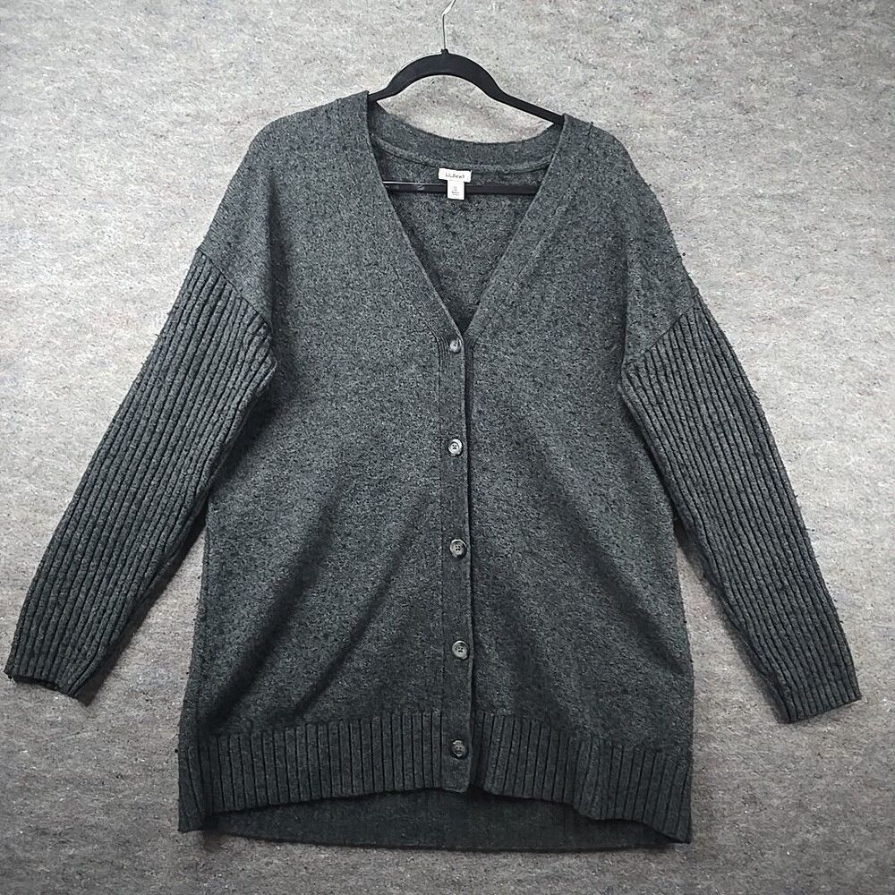 LL Bean Classic Comfort V Neck Button Front Cardigan Dark Gray Wool Blend Sz XL